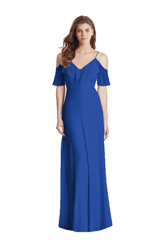 Cold Shoulder V-Neck Soft Chiffon Royal Blue Long Semi Formal Evening Dress / Bridesmaid Dress Bath