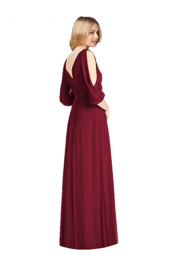 Bell Sleeves V-Neck Soft Chiffon Burgundy Long Formal Dress / Bridesmaid Dress Bath