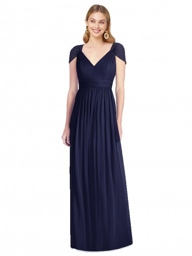 Cap Sleeves V-Neck Soft Chiffon Dark Navy Long Bridesmaid Dress Bath