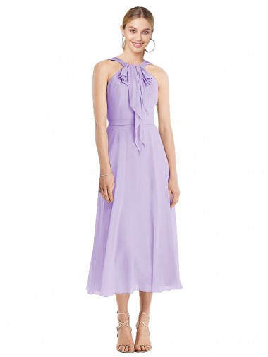 Sleeveless Halter Neck Soft Chiffon Lilac Tea length Prom Dress / Bridesmaid Dress Bath