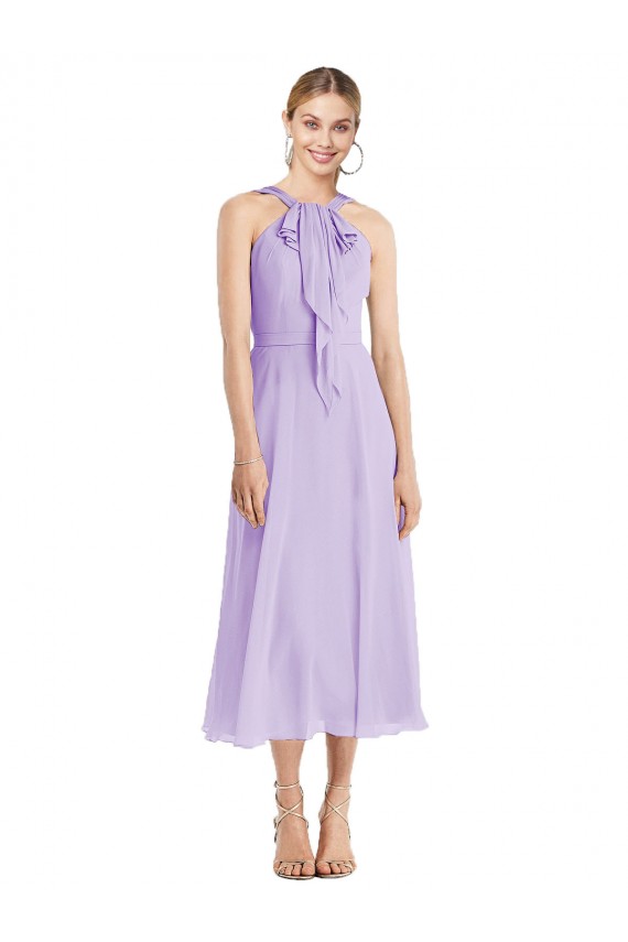 Sleeveless Halter Neck Soft Chiffon Lilac Tea length Prom Dress / Bridesmaid Dress Bath