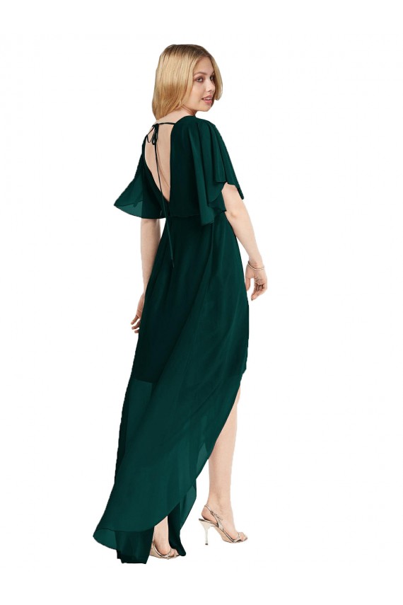 Flutter Sleeves Round Neck Soft Chiffon Ever Green High Low Bridesmaid Dress Bath