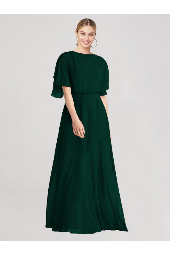 Flutter Sleeves Round Neck Soft Chiffon Ever Green Long Bridesmaid Dress Bath