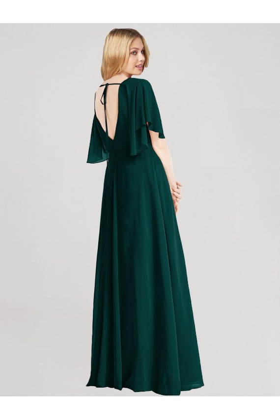 Flutter Sleeves Round Neck Soft Chiffon Ever Green Long Bridesmaid Dress Bath
