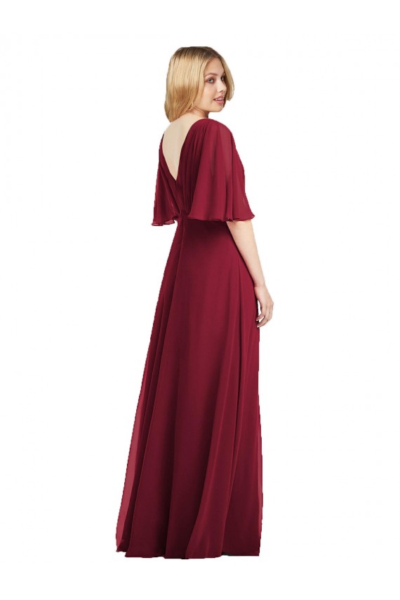 Flutter Sleeves V-Neck Soft Chiffon Smoke Green Long Bridesmaid Dress Bath