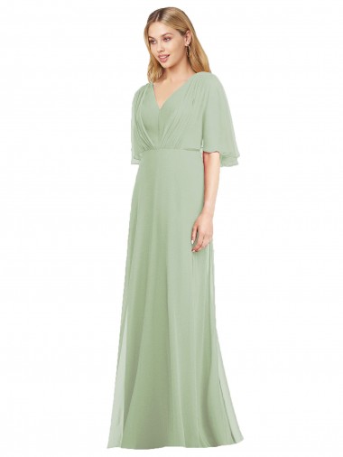 Flutter Sleeves V-Neck Soft Chiffon Smoke Green Long Bridesmaid Dress Bath