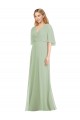 Flutter Sleeves V-Neck Soft Chiffon Smoke Green Long Bridesmaid Dress Bath
