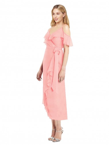 Cold Shoulder V-Neck Soft Chiffon Salmon Cocktail Length High Low Bridesmaid Dress Bath