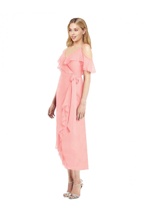 Cold Shoulder V-Neck Soft Chiffon Salmon Cocktail Length High Low Bridesmaid Dress Bath