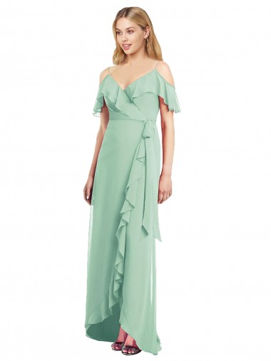 Cold Shoulder V-Neck Soft Chiffon Mint Green Long High Low Bridesmaid Dress Bath