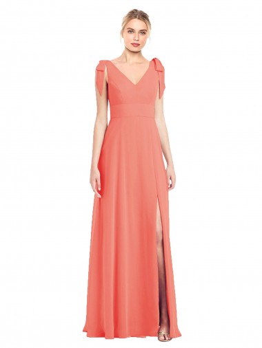 Sleeveless V-Neck Soft Chiffon Coral Trumpet Long Bridesmaid Dress Bath