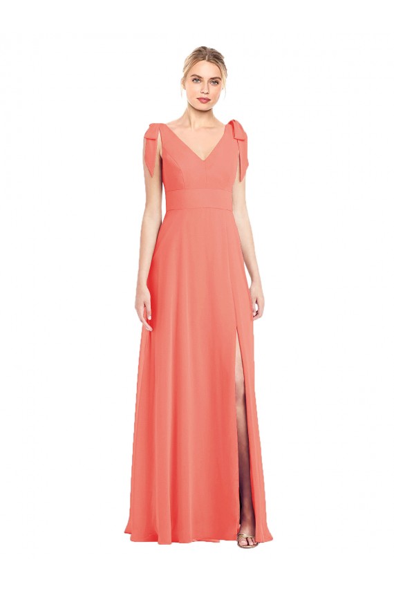 Sleeveless V-Neck Soft Chiffon Coral Trumpet Long Bridesmaid Dress Bath