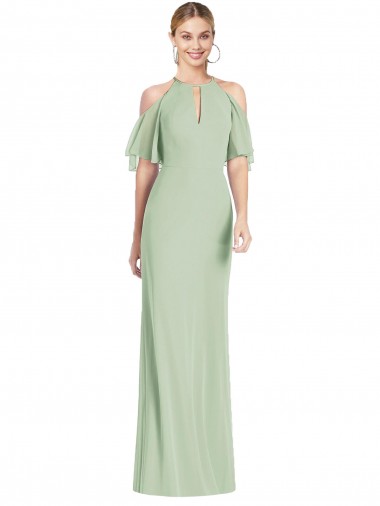 Cold Shoulder Halter Neck Soft Chiffon Sage Long Semi Formal Evening Dress / Bridesmaid Dress Bath