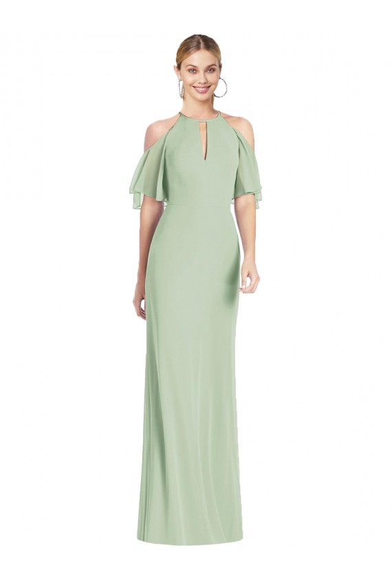Cold Shoulder Halter Neck Soft Chiffon Sage Long Semi Formal Evening Dress / Bridesmaid Dress Bath