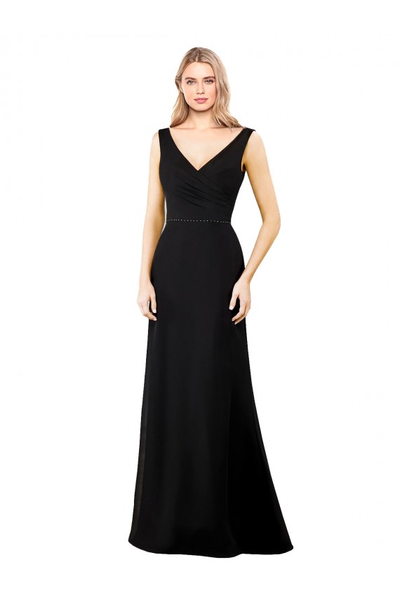 Sleeveless V-Neck Soft Chiffon Black Long Prom Dress / Bridesmaid Dress Bath