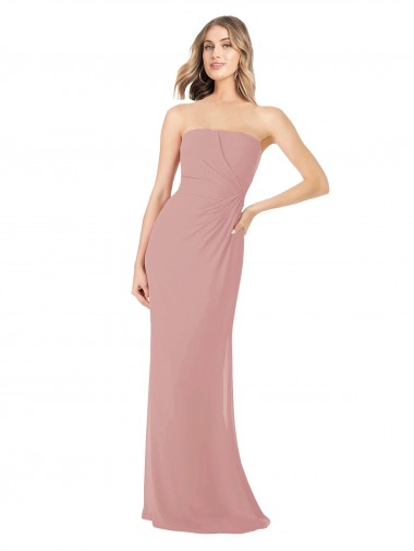 Sleeveless Strapless Soft Chiffon Dusty Pink Long Bridesmaid Dress Bath