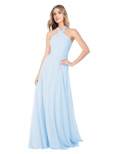 Sleeveless High Neck Chiffon Light Sky Blue Long Bridesmaid Dress / Evening Gowns Bath