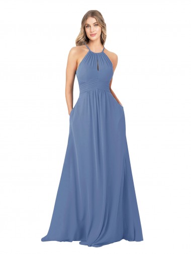 Sleeveless High Neck Soft Chiffon Windsor Blue Long Bridesmaid Dress Bath
