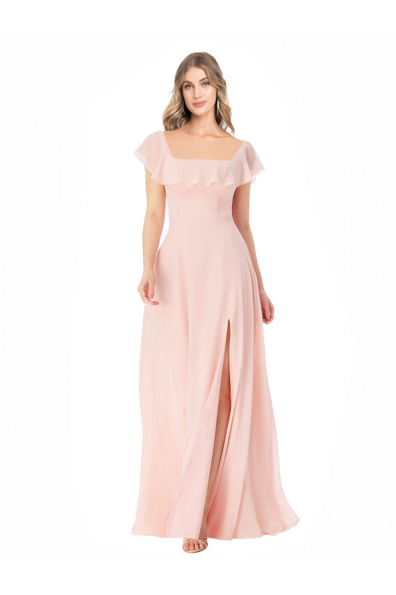 Cap Sleeves Square Neck Soft Chiffon Pink Long Formal Dress / Bridesmaid Dress Bath