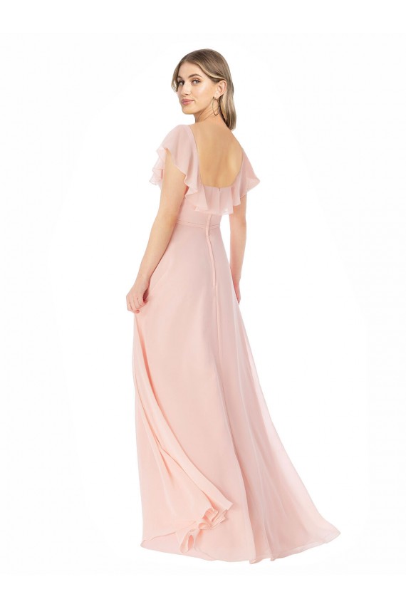 Cap Sleeves Square Neck Soft Chiffon Pink Long Formal Dress / Bridesmaid Dress Bath