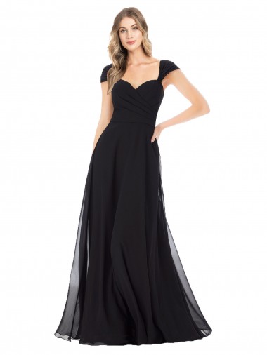 Cap Sleeves Sweetheart Soft Chiffon Black Long Bridesmaid Dress Bath