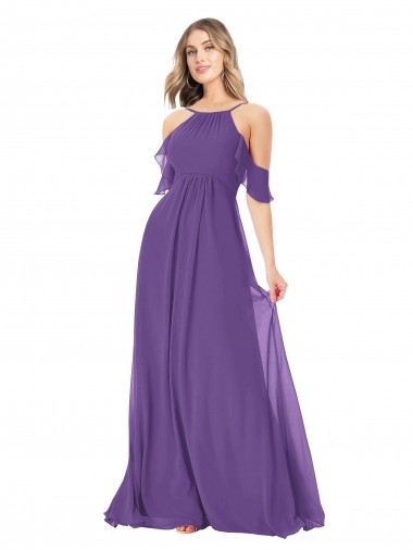Cold Shoulder High Neck Soft Chiffon Plum Purple Long Bridesmaid Dress Bath
