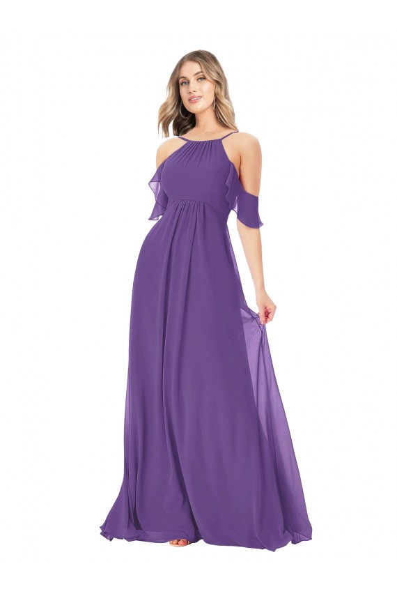 Cold Shoulder High Neck Soft Chiffon Plum Purple Long Bridesmaid Dress Bath