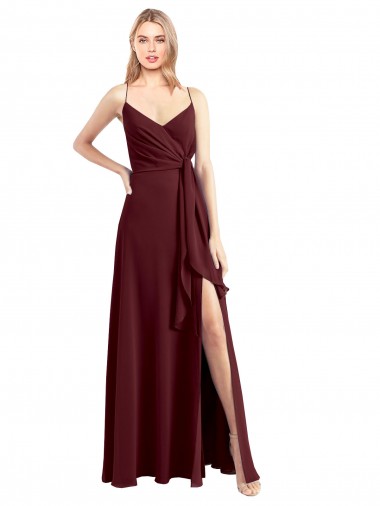 Sleeveless V-Neck Chiffon Burgundy Gold Long Floor Length Bridesmaid Dress Bath