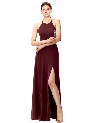 Sleeveless High Neck Soft Chiffon Burgundy Gold Long Bridesmaid Dress Bath
