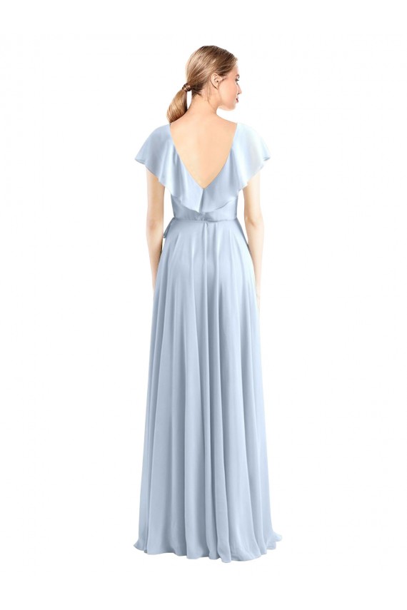 Flutter Sleeves V-Neck Soft Chiffon Royal Blue Long Bridesmaid Dress Bath