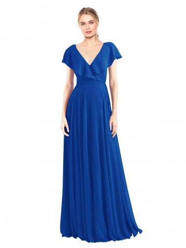 Flutter Sleeves V-Neck Soft Chiffon Royal Blue Long Bridesmaid Dress Bath