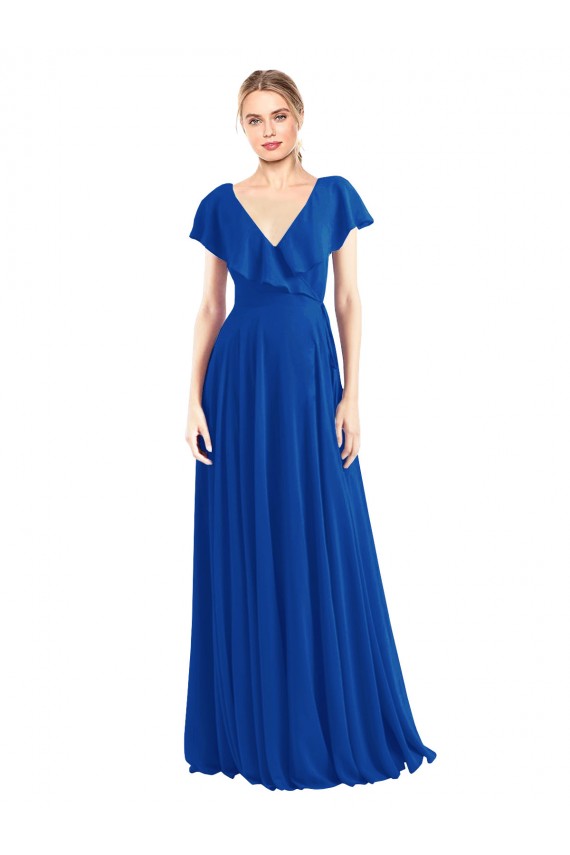 Flutter Sleeves V-Neck Soft Chiffon Royal Blue Long Bridesmaid Dress Bath