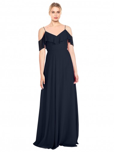 Sleeveless V-Neck Lxue Chiffon Dark Navy Long Bridesmaid Dress Bath