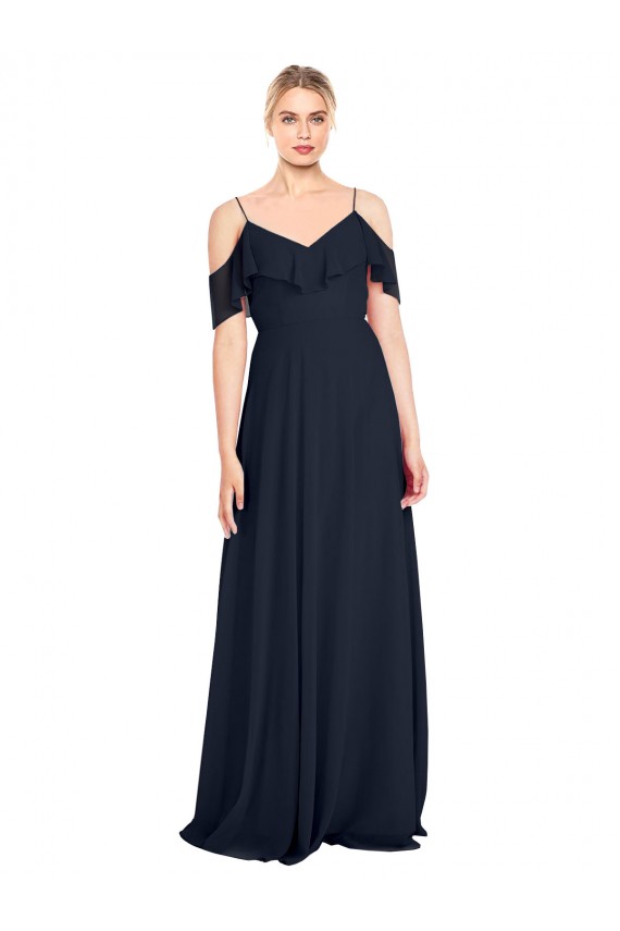 Sleeveless V-Neck Lxue Chiffon Dark Navy Long Bridesmaid Dress Bath