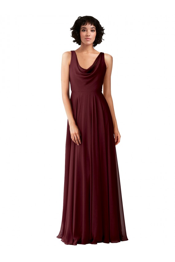 Sleeveless Cowl Neck Soft Chiffon Burgundy Gold Long Bridesmaid Dress Bath