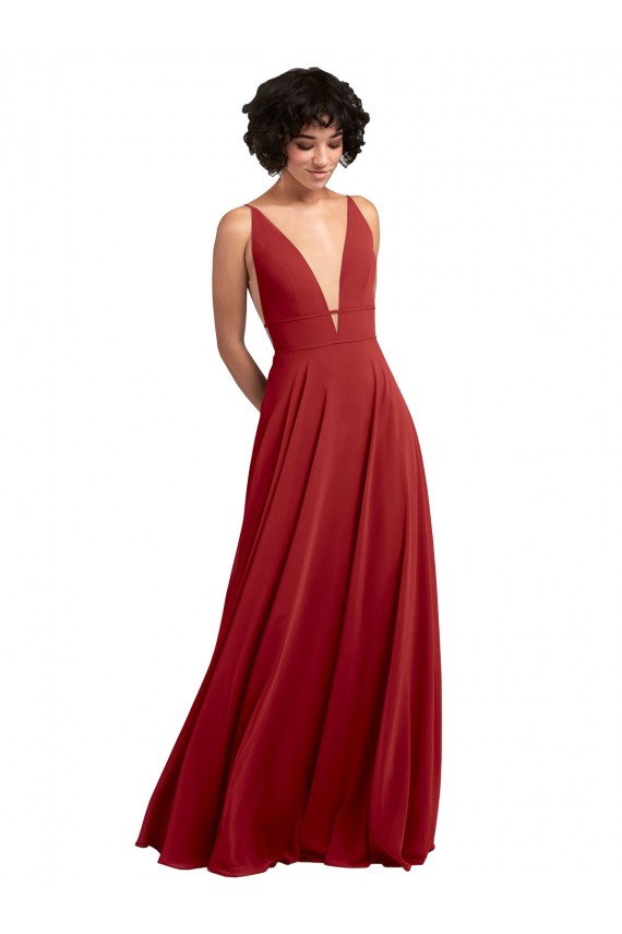 Sleeveless V-Neck Lxue Chiffon Red Long Bridesmaid Dress Bath