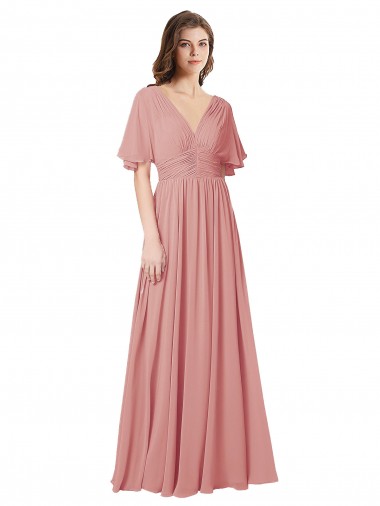 Flutter Sleeves V-Neck Soft Chiffon Bliss Pink Long Bridesmaid Dress Bath