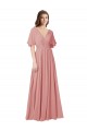 Flutter Sleeves V-Neck Soft Chiffon Bliss Pink Long Bridesmaid Dress Bath