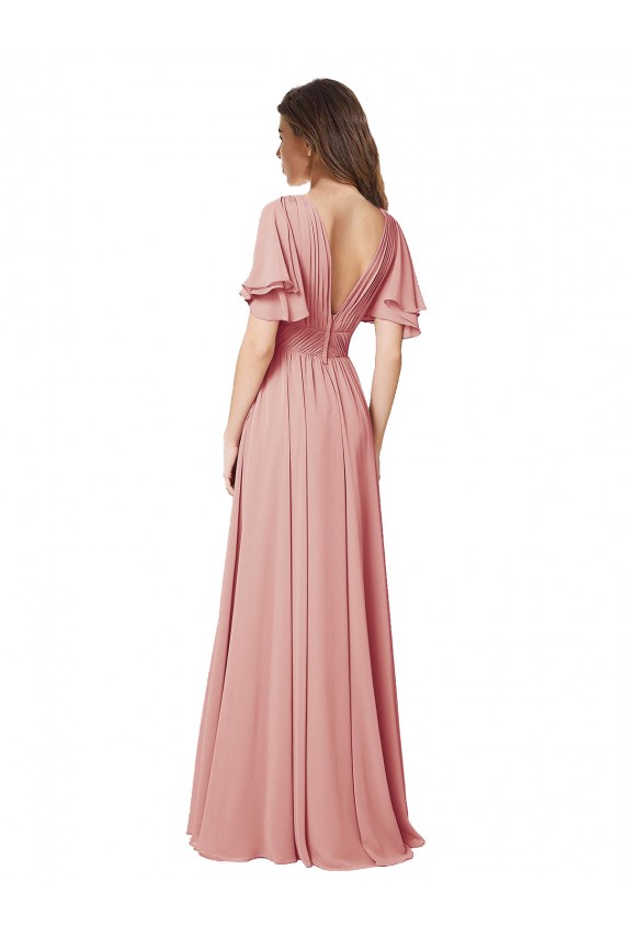 Flutter Sleeves V-Neck Soft Chiffon Bliss Pink Long Bridesmaid Dress Bath