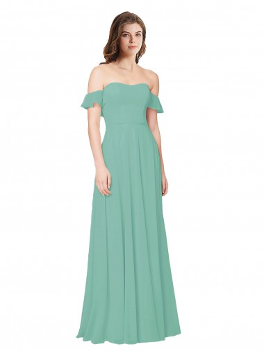 Flounce Sleeves Off the Shoulder Soft Chiffon Jade Long Bridesmaid Dress Bath