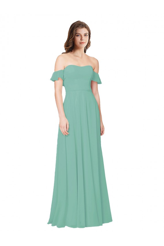 Flounce Sleeves Off the Shoulder Soft Chiffon Jade Long Bridesmaid Dress Bath