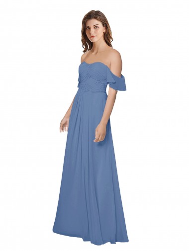 Flutter Sleeves Strapless Soft Chiffon Windsor Blue Long Bridesmaid Dress Bath