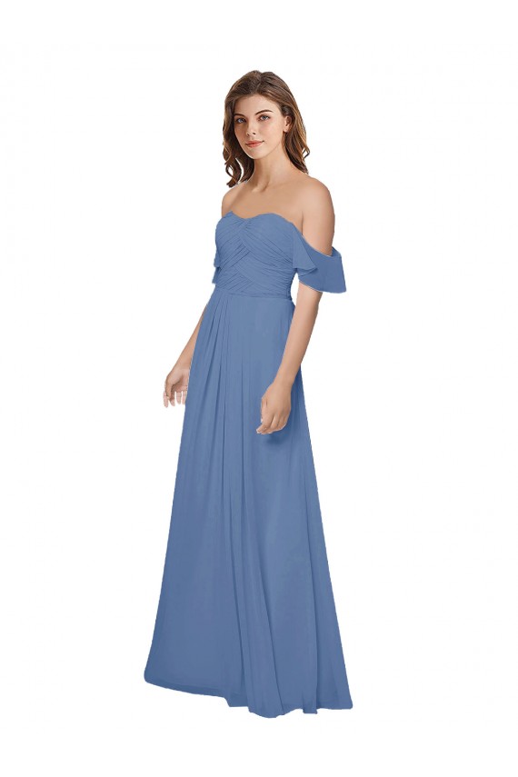 Flutter Sleeves Strapless Soft Chiffon Windsor Blue Long Bridesmaid Dress Bath