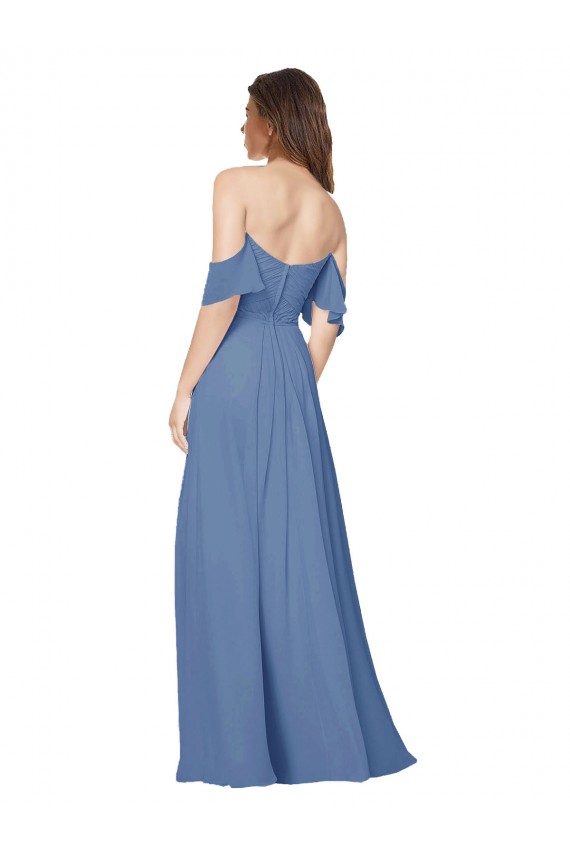 Flutter Sleeves Strapless Soft Chiffon Windsor Blue Long Bridesmaid Dress Bath