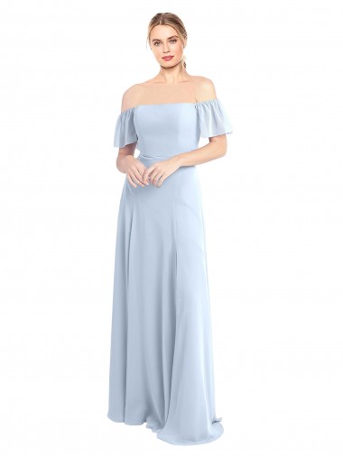 Flutter Sleeves Square Neck Soft Chiffon Light Sky Blue Long Formal Dress / Bridesmaid Dress Bath