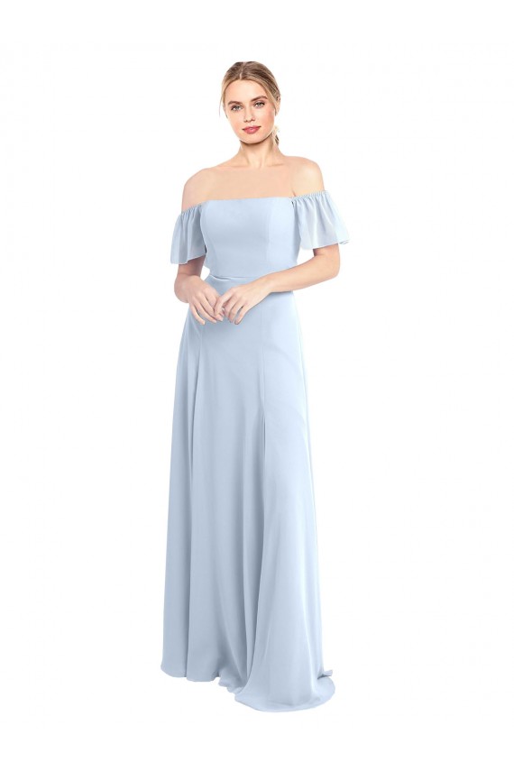 Flutter Sleeves Square Neck Soft Chiffon Light Sky Blue Long Formal Dress / Bridesmaid Dress Bath
