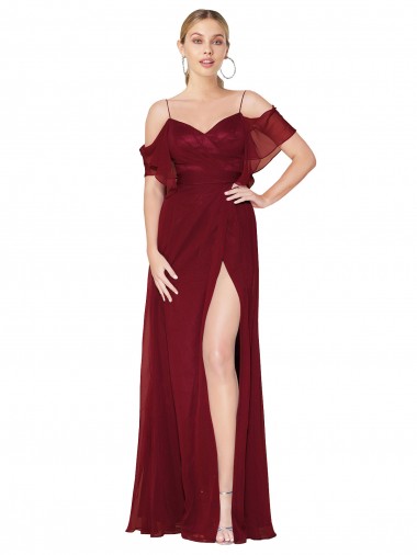 Cold Shoulder High Neck Soft Chiffon Burgundy Long Formal Evening Gown / Prom Dress / Bridesmaid Dress Bath