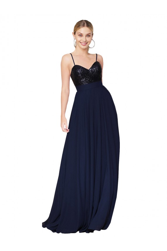 Sleeveless High Neck Soft Chiffon & Sequin Dark Navy Long Semi Formal Evening Dress / Prom Dress / Bridesmaid Dress Bath