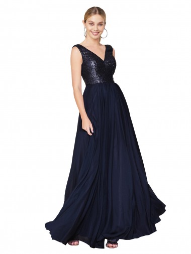 Sleeveless High Neck Soft Chiffon & Sequin Dark Navy Long Semi Formal Evening Gown / Prom Dress / Bridesmaid Dress Bath