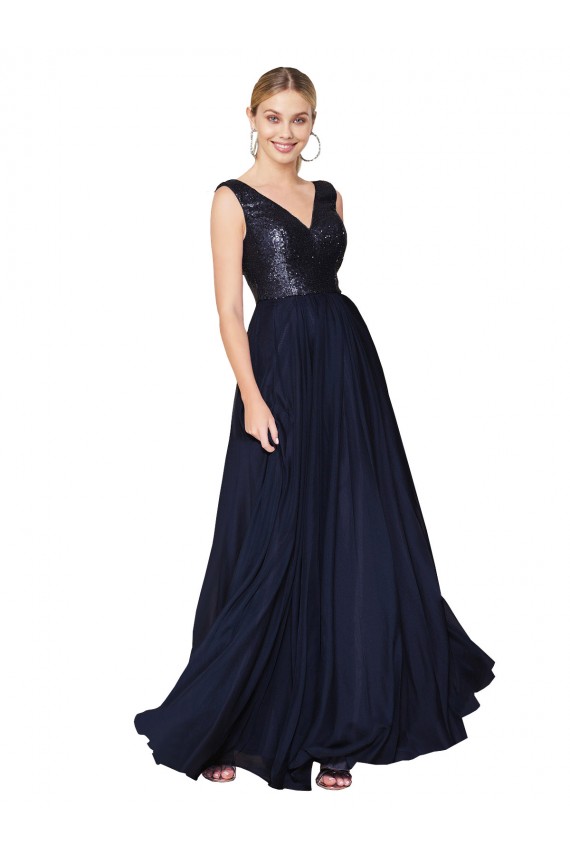 Sleeveless High Neck Soft Chiffon & Sequin Dark Navy Long Semi Formal Evening Gown / Prom Dress / Bridesmaid Dress Bath